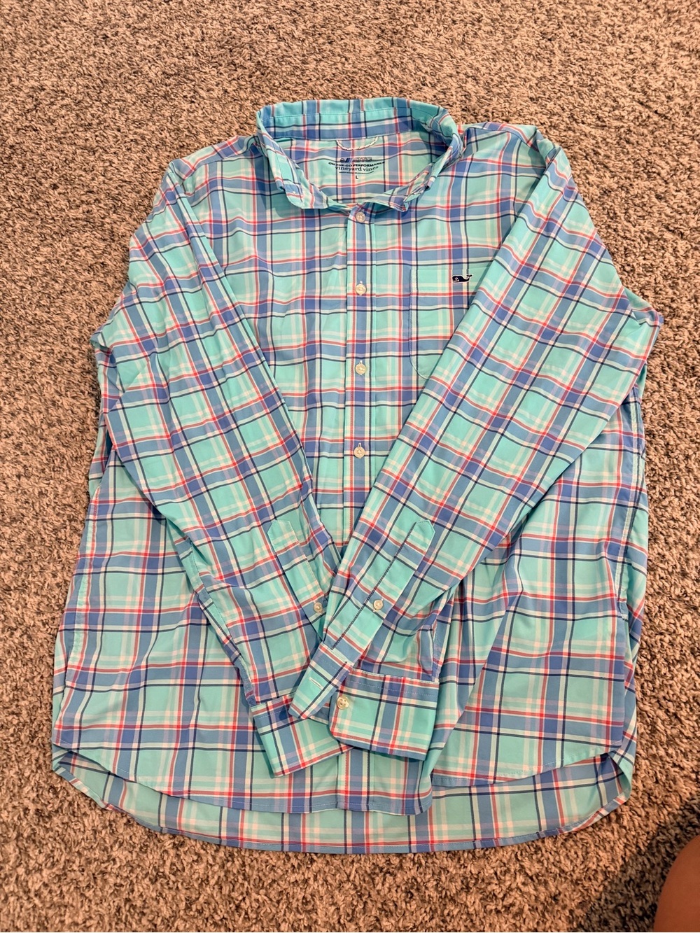 Vineyard Vines Men's Aqua and Pink Plaid Button-Down Shirt
